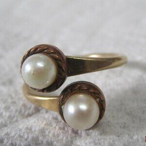 Vintage 12K Gold Filled Twin Pearl Bypass Ring Size Unique Estate Sale Jewelry